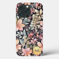 Elegant Gold Black Pink Floral Watercolor Monogram