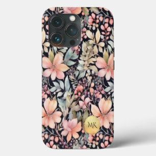 Elegant Gold Black Pink Floral Watercolor Monogram iPhone 13 Pro Case