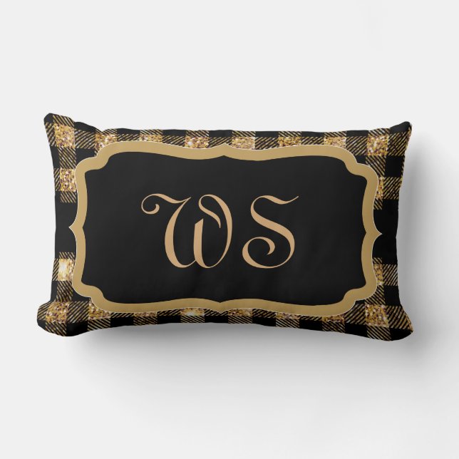 Elegant Gold Black Plaid Pattern Chic Monogrammed Lumbar Cushion (Front)