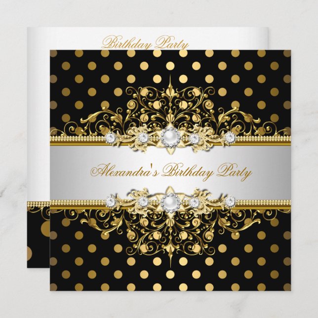 Elegant Gold Black Polka Dots Birthday Party Invitation (Front/Back)