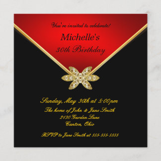 Elegant Gold Black Red Ladies Birthday Party Invitation