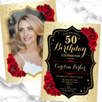 Elegant Gold Black Red Photo 50th Birthday