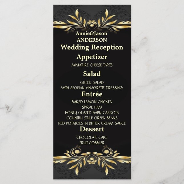 Elegant Gold black Regal Wedding Reception Menu (Front)