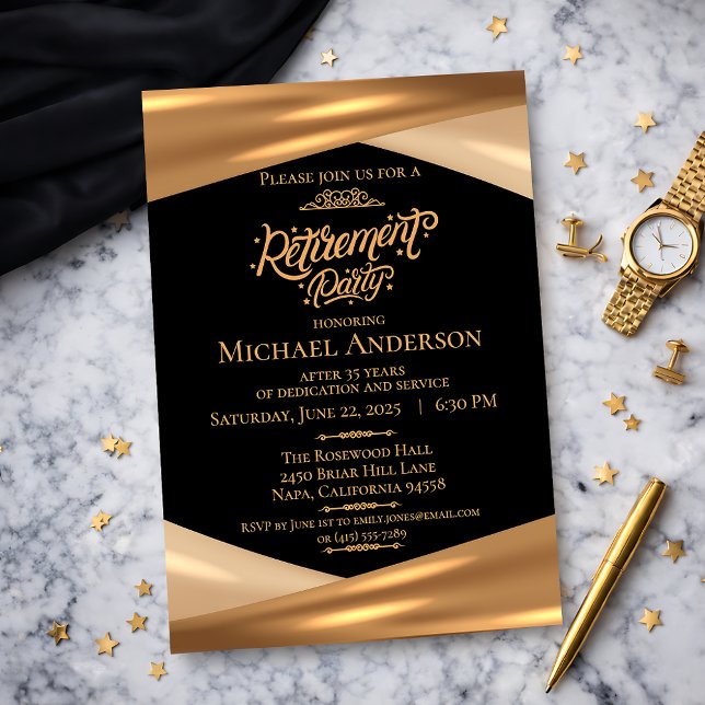 Elegant Gold Black Retirement Party  Invitation (Elegant Gold Black Retirement Party Invitation)