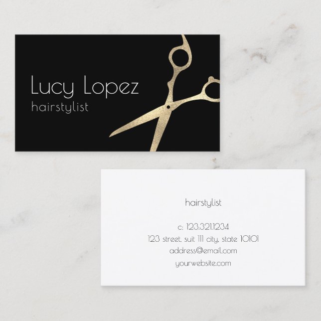 Elegant gold & black scissors hairstylist business card (Front/Back)