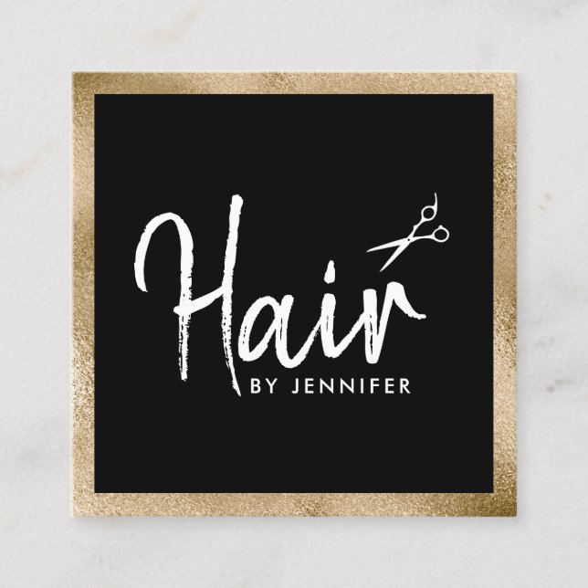 Elegant gold & black scissors hairstylist square business card (Front)