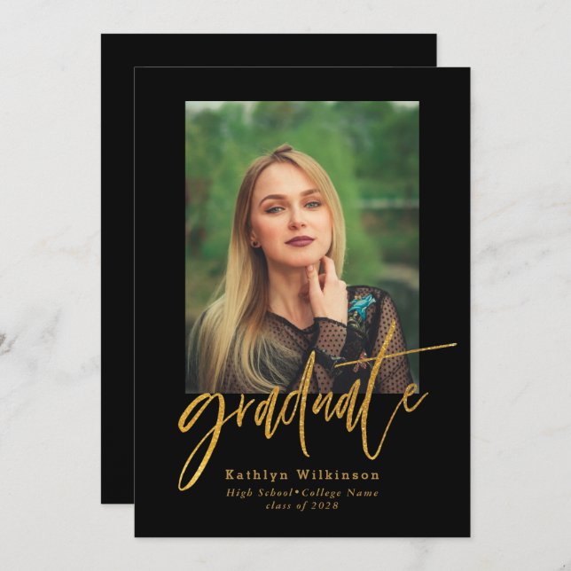 Elegant Gold Black Script 5 Photo Collage Grad Invitation (Front/Back)