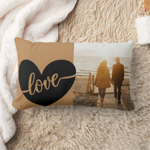 Elegant Gold Black Script Heart Love Photo Lumbar Cushion