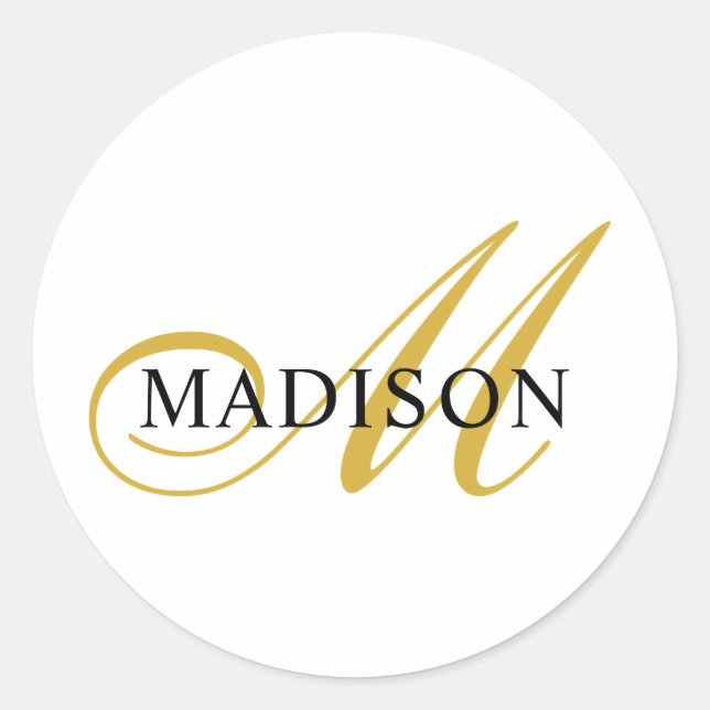 Elegant Gold Black Script Monogram  Classic Round Sticker (Front)