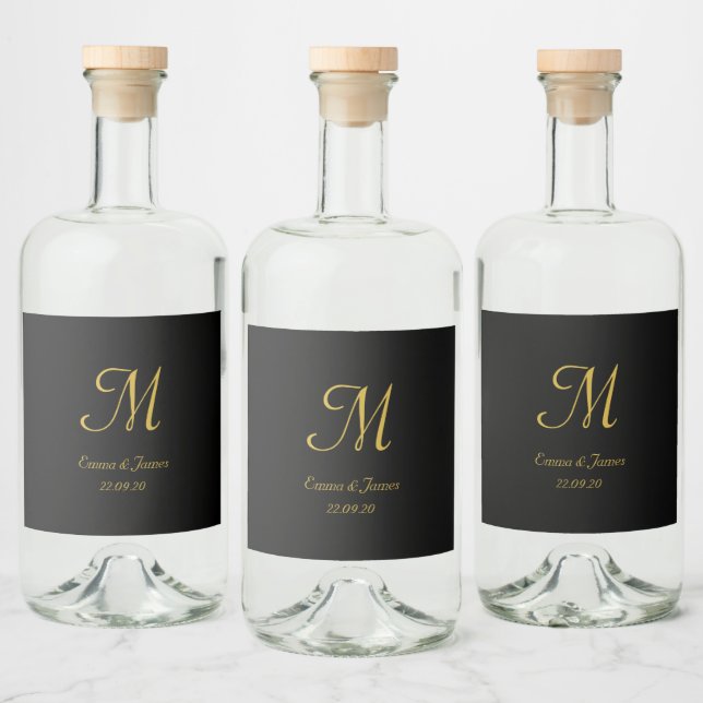 Elegant Gold Black Script Monogram Wedding Favour  Liquor Bottle Label (Bottles)