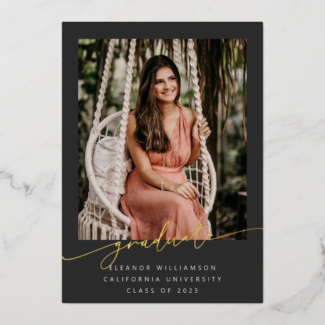 Elegant Gold Black Script Overlay Photo Graduation (Front)