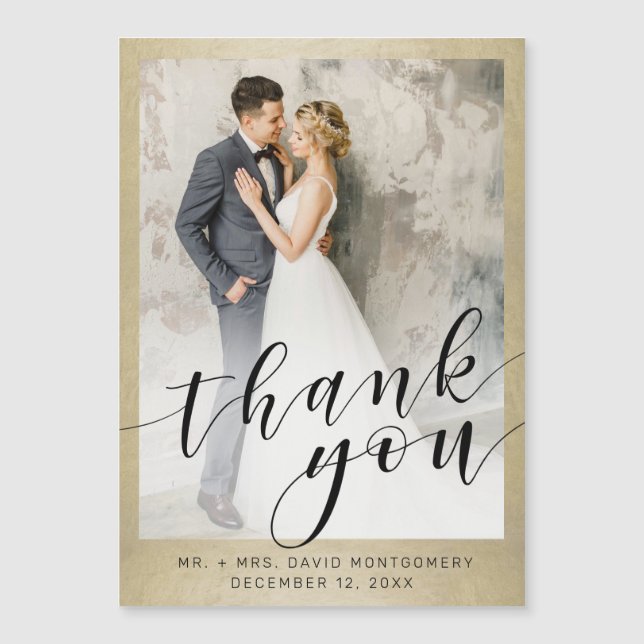 Elegant Gold Black Script Wedding Photo Thank You (Front)