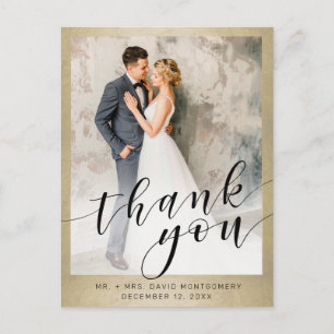 Elegant Gold Black Script Wedding Photo Thank You Postcard
