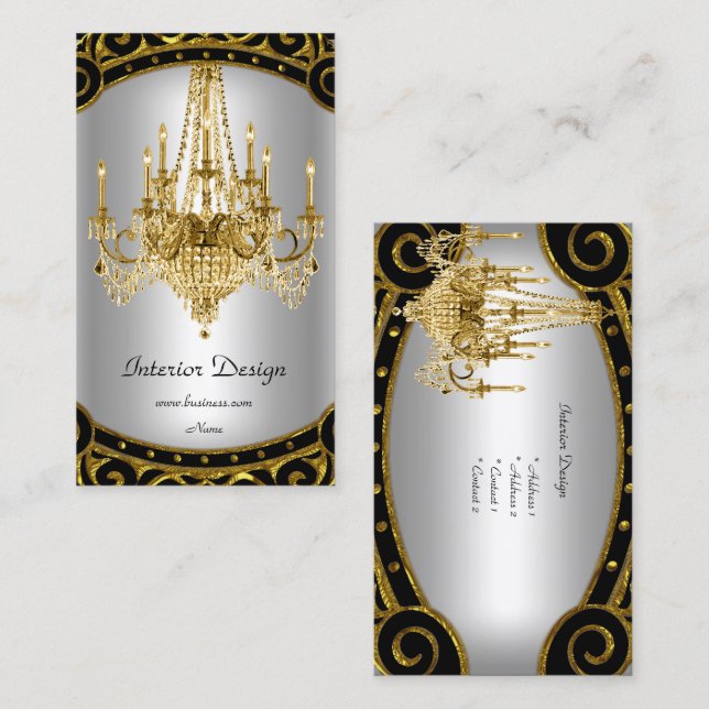 Elegant Gold Black Silver Chandelier Interior Business Card (Front/Back)