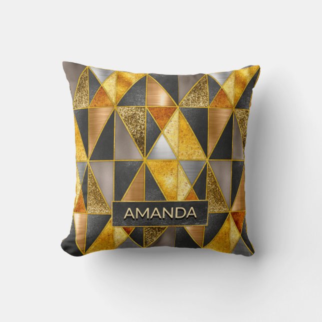 Elegant gold black silver geometric triangles cushion (Front)