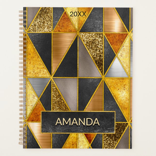 Elegant gold black silver geometric triangles planner (Front)