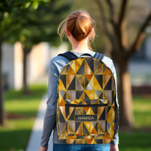 Elegant gold black silver geometric triangles printed backpack