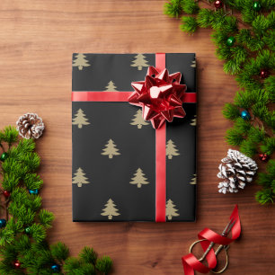 Elegant gold black simple Christmas trees pattern Wrapping Paper
