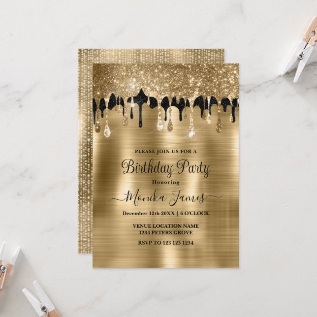 Elegant Gold Black Sparkle Glitter Drips Birthday  Invitation (Front/Back In Situ)