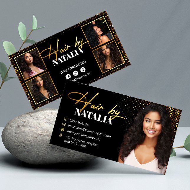 Elegant Gold Black Sparkle Photo Hairdresser Business Card (Creator Uploaded)