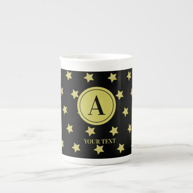 Elegant Gold & Black Star Pattern Monogram Bone China Mug (Front)