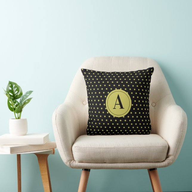 Elegant Gold & Black Star Pattern Monogram Cushion (Chair)
