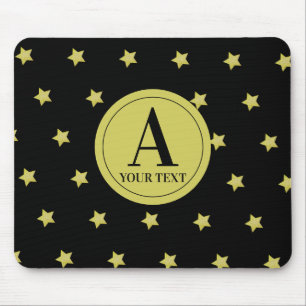Elegant Gold & Black Star Pattern Monogram Mouse Pad