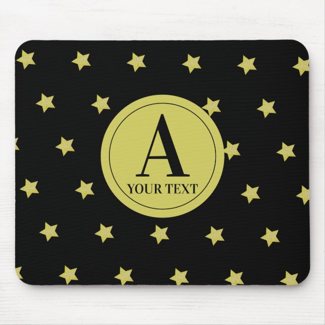 Elegant Gold & Black Star Pattern Monogram Mouse Pad (Front)