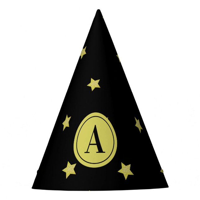 Elegant Gold & Black Star Pattern Monogram Party Hat (Front)