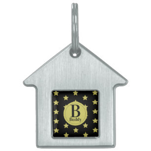 Elegant Gold & Black Star Pattern Monogram Pet ID Tag