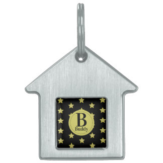 Elegant Gold & Black Star Pattern Monogram Pet ID Tag
