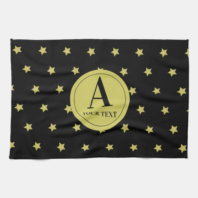 Elegant Gold & Black Star Pattern Monogram Tea Towel (Horizontal)