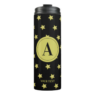 Elegant Gold & Black Star Pattern Monogram Thermal Tumbler
