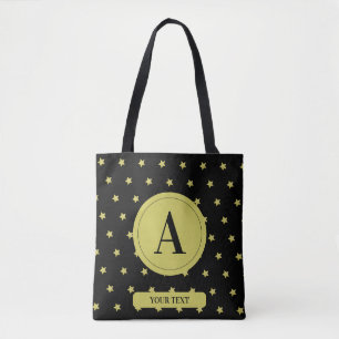 Elegant Gold & Black Star Pattern Monogram Tote Bag