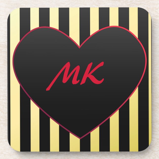 Elegant Gold Black Stripes Red Heart Monogrammed Coaster (Front)