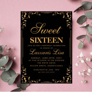 Elegant Gold Black Sweet Sixteen 16 Birthday Invitation