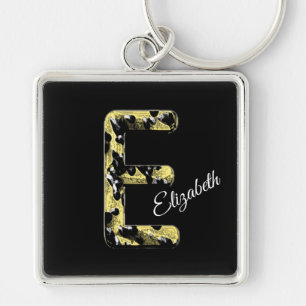 Elegant Gold Black Vintage Style Letter E Monogram Key Ring