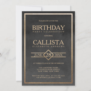 Elegant Gold Black Watercolor Frame Birthday Invitation