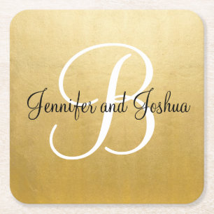 Elegant gold black wedding gift favours - Monogram Square Paper Coaster