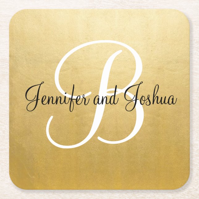 Elegant gold black wedding gift favours - Monogram Square Paper Coaster (Front)