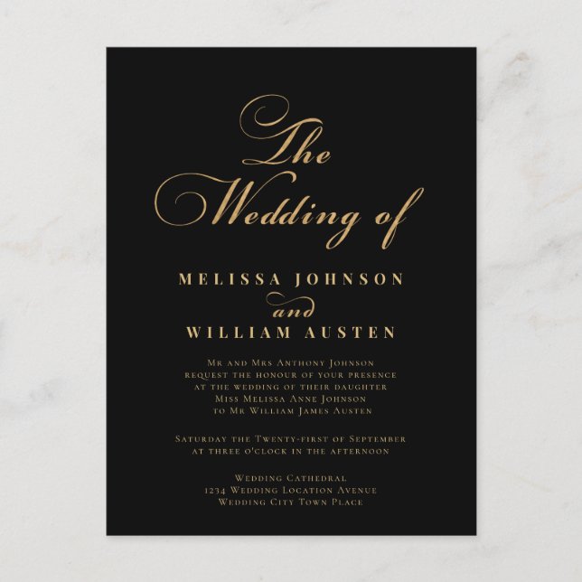 Elegant Gold Black Wedding Invitation Postcard (Front)