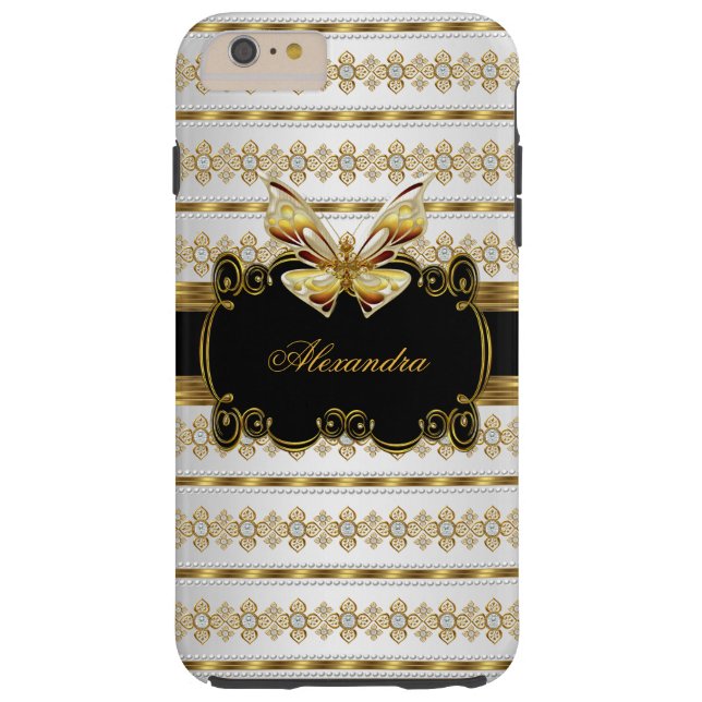 Elegant Gold Black White Jewel Stripe Butterfly Case-Mate iPhone Case (Back)