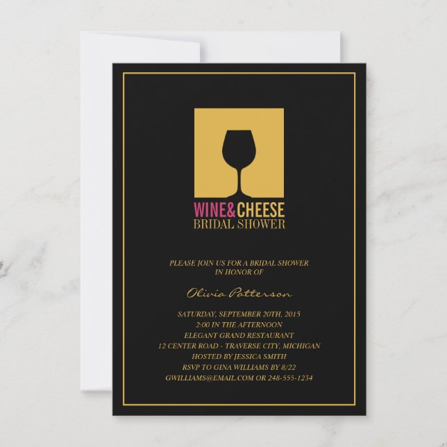 Elegant Gold Black Wine Bridal Shower Invitations (Front)