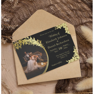 Elegant Gold, Black With Lilies Photo Wedding Invitation