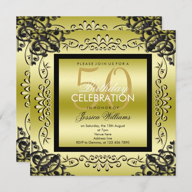 Elegant Gold & Black Women's 50th Birthday Invitation (Front/Back)