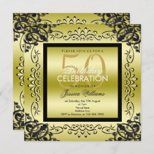 Elegant Gold & Black Women's 50th Birthday Invitation