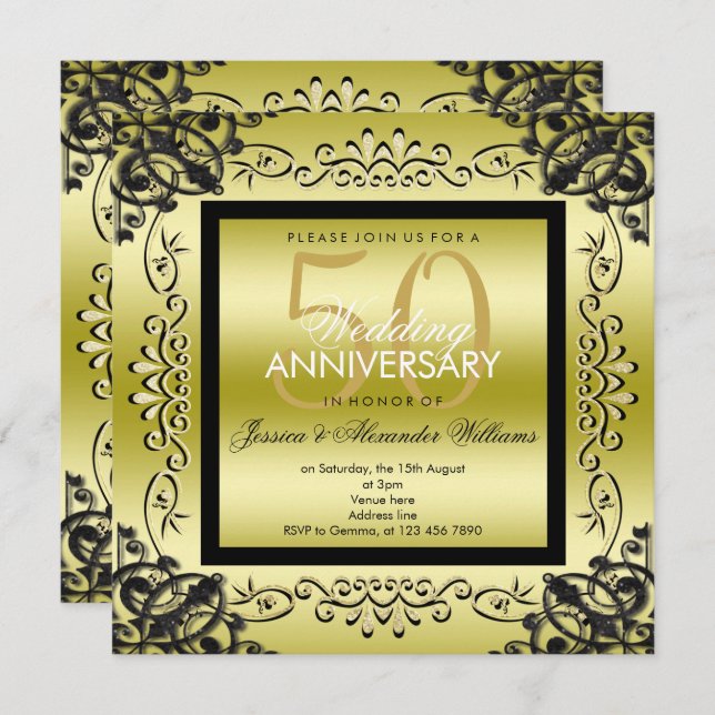 Elegant Gold & Black Women's 50th Wedding Invitation (Front/Back)