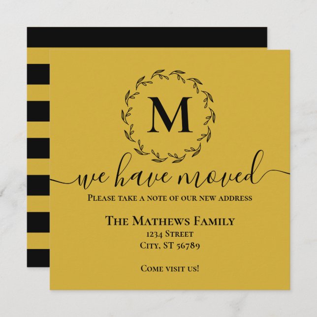 Elegant Gold Black Wreath Monogram We Have Moved Announcement (Front/Back)
