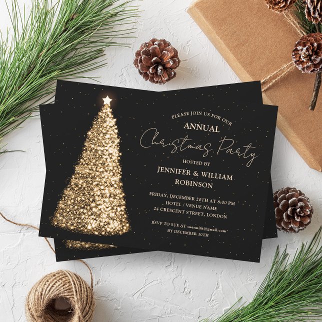Elegant Gold Black Xmas Tree Sparkle Holiday Party Invitation (Elegant Gold Black Xmas Tree Sparkle Holiday Party Invitation)