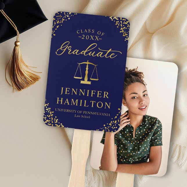 Elegant Gold Blue 1 Photo Law School Graduation Hand Fan (Creator Uploaded)